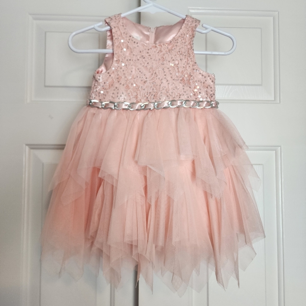American Princess Pink Tiered Silver Chain Belt Sequence Girls Dress Size 24 M